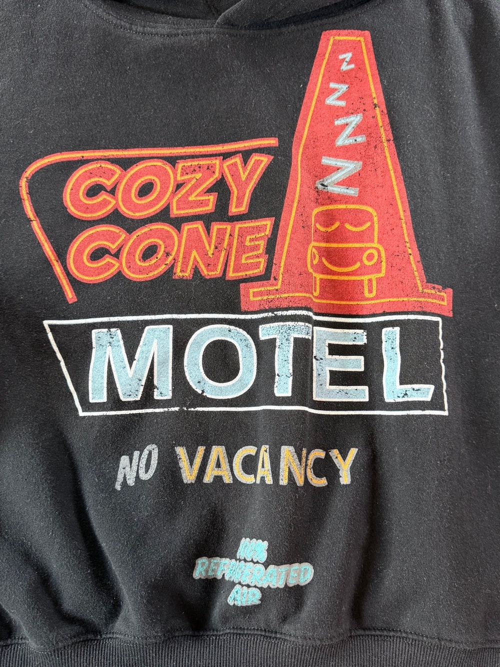 Disney Pixar Cars Cozy Cone Motel Hoodie Black Distressed Graphic Sweatshirt S/M